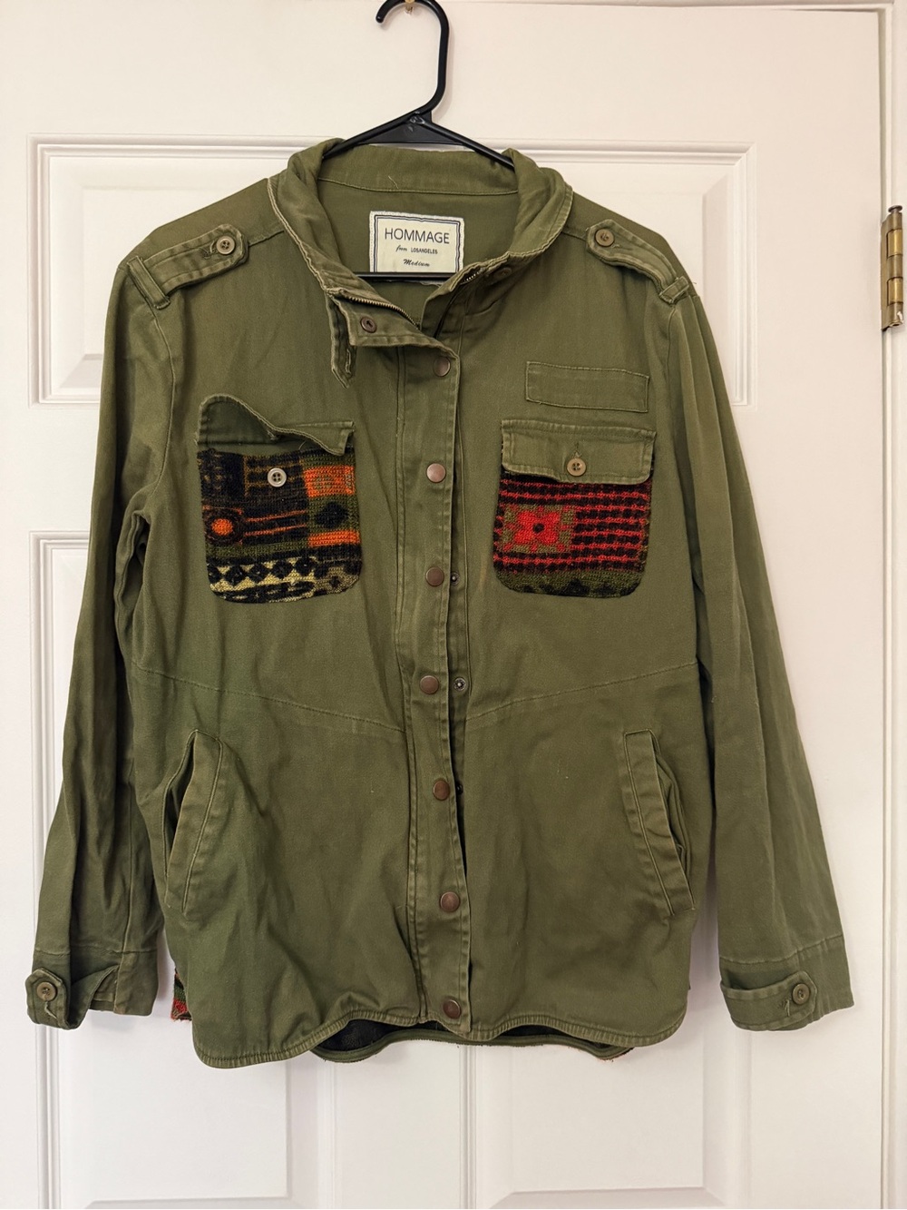 HOMAGE Olive Green Military-Style Jacket with Patterned Pocket Panels